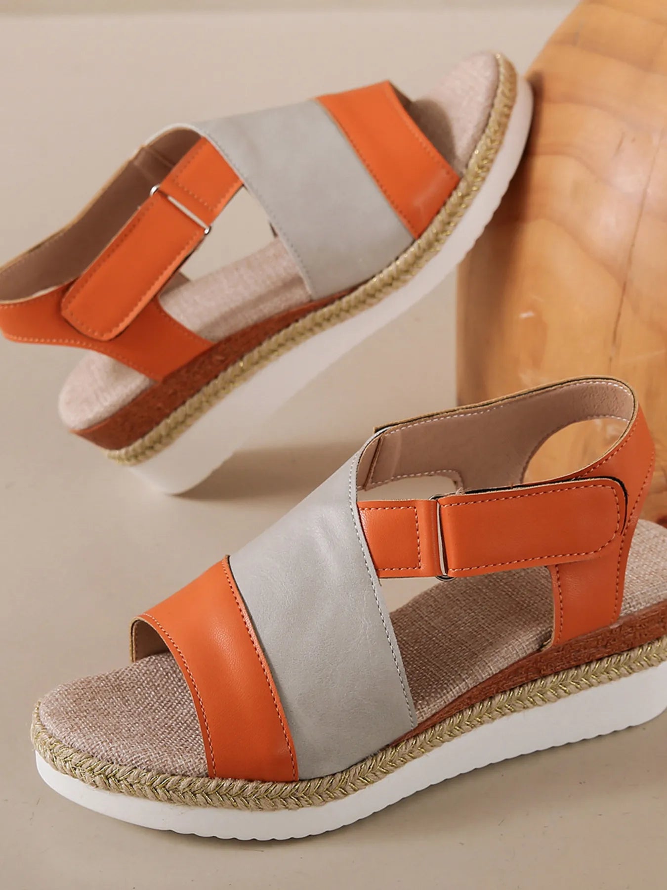 Color Block Platform Wedge Sandals with Ankle Strap