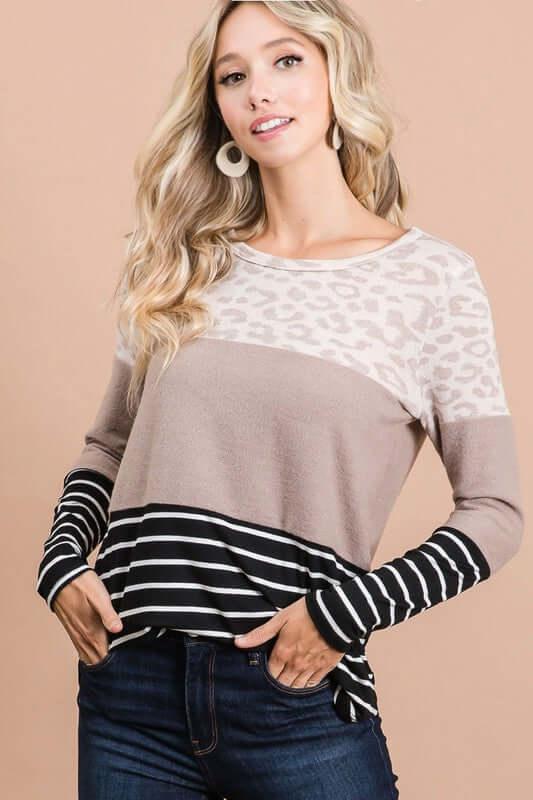 BiBi Leopard Color Block Round Neck Long Sleeve T-Shirt