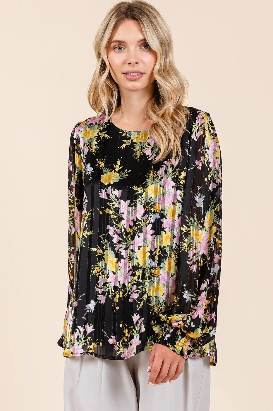 Mittoshop Satin Gold Lurex Striped Long Sleeve Chiffon Top