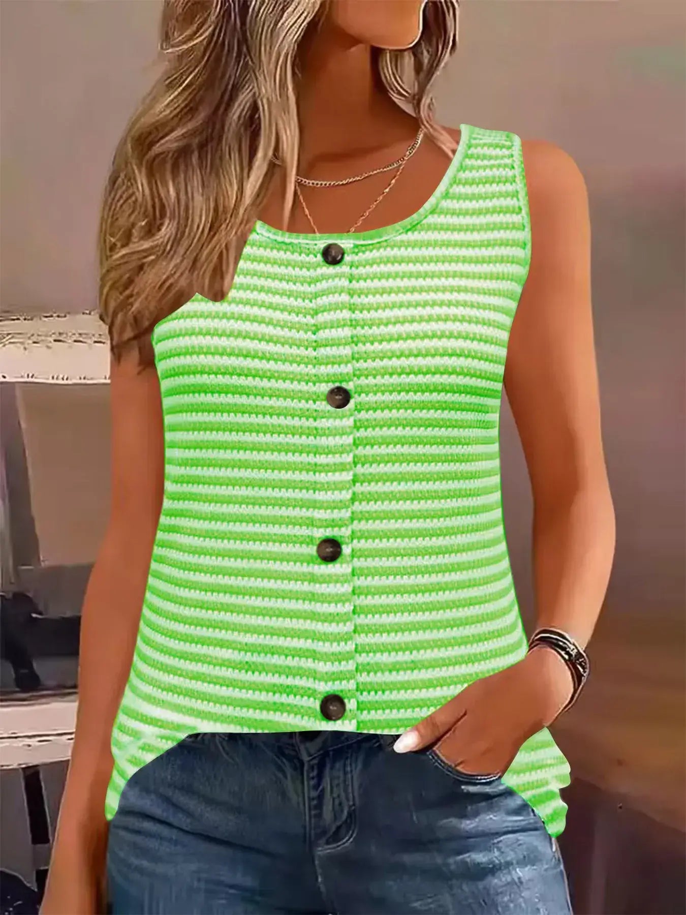 Striped Button Front Knit Tank Top