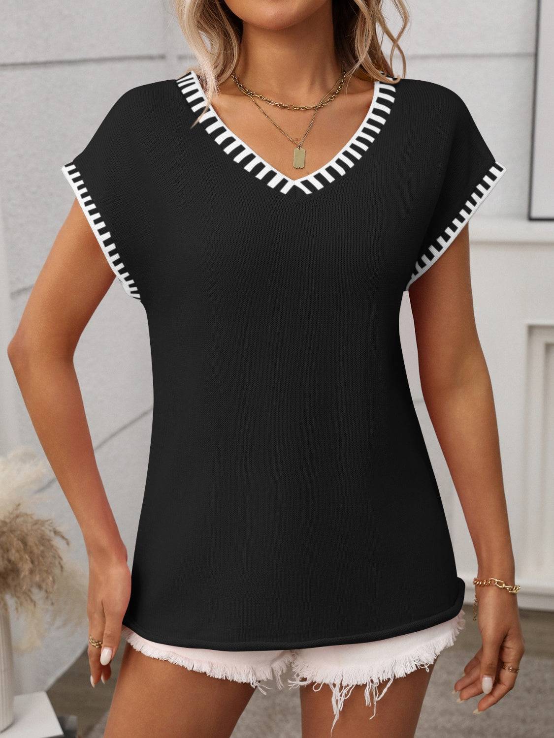 Contrast Trim V-Neck Short Sleeve Knit Top - Clothes For Her Online Store