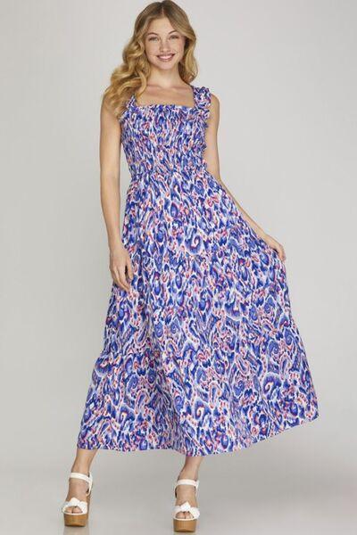 She + Sky Full Size Smocked Printed Wide Strap Tiered Dress Plus Size - Clothes For Her Online Store