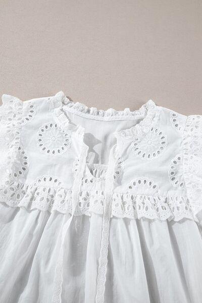 Lace Patchwork Tie Neck Short Sleeve Blouse