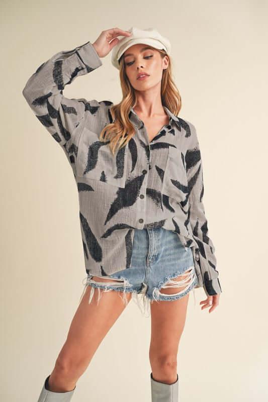 Aemi + Co High-Low Printed Button Up Long Sleeve Shirt