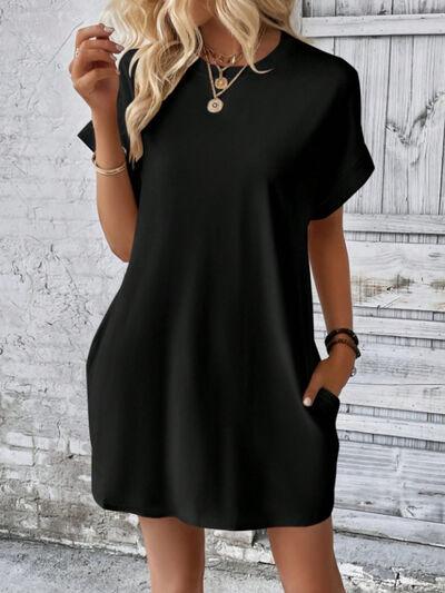 Round Neck Short Sleeve Mini Tee Dress with Pockets - Clothes For Her Online Store