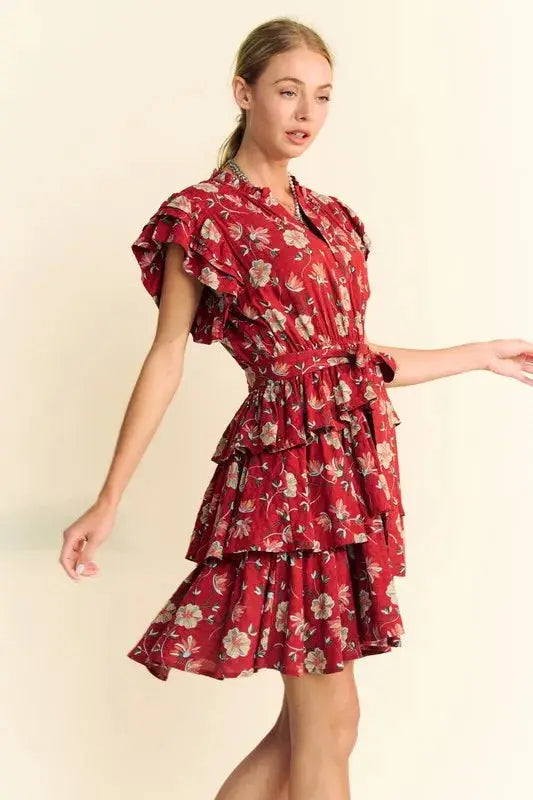 Davi & Dani Ruffle Flutter Sleeve Tie Belt Tiered Mini Dress - Clothes For Her Online Store