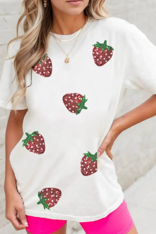 Sequin Strawberry Crew Neck Short Sleeve T Shirt - Clothes For Her Online Store