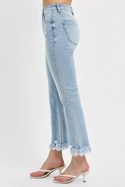 RISEN Full Size Raw Hem Distressed Cropped Flare Jeans Plus Size - Clothes For Her Online Store