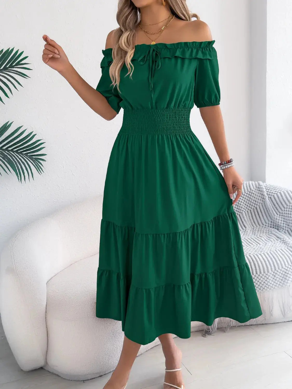 Smocked Off-Shoulder Tiered Dress - Clothes For Her Online Store