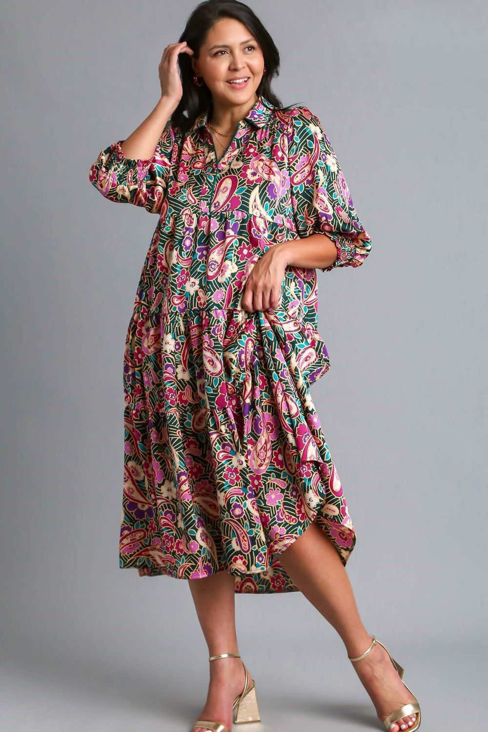 Umgee Full Size Paisley Print Satin Tiered Midi Dress Plus Size - Clothes For Her Online Store