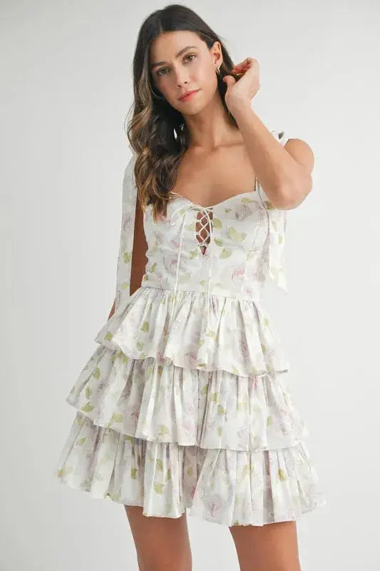 MABLE Floral Print Shoulder Tie Layered Mini Dress - Clothes For Her Online Store