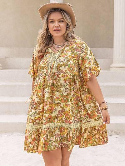 Plus Size Printed Tie Neck Short Sleeve Mini Dress - Clothes For Her Online Store