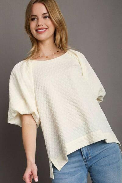 Umgee Full Size Boxy Cut Jacquard Round Neck Top with Side Slit Plus Size