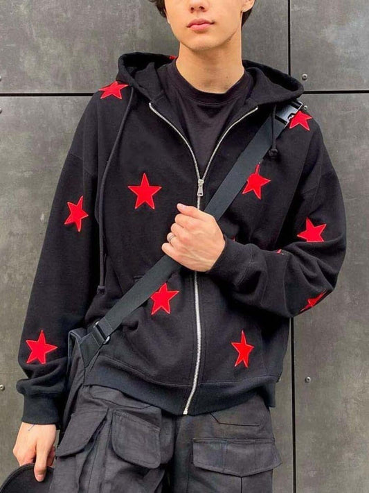 Men's Contrast Star Hooded Zip Up Hoodie - Clothes For Her Online Store