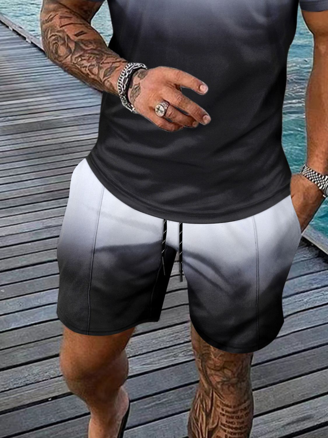 Men's Full Size Gradient Collared Neck Top and Shorts Set Plus Size - Clothes For Her Online Store