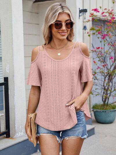 Florira Round Neck Cold Shoulder Eyelet T-Shirt