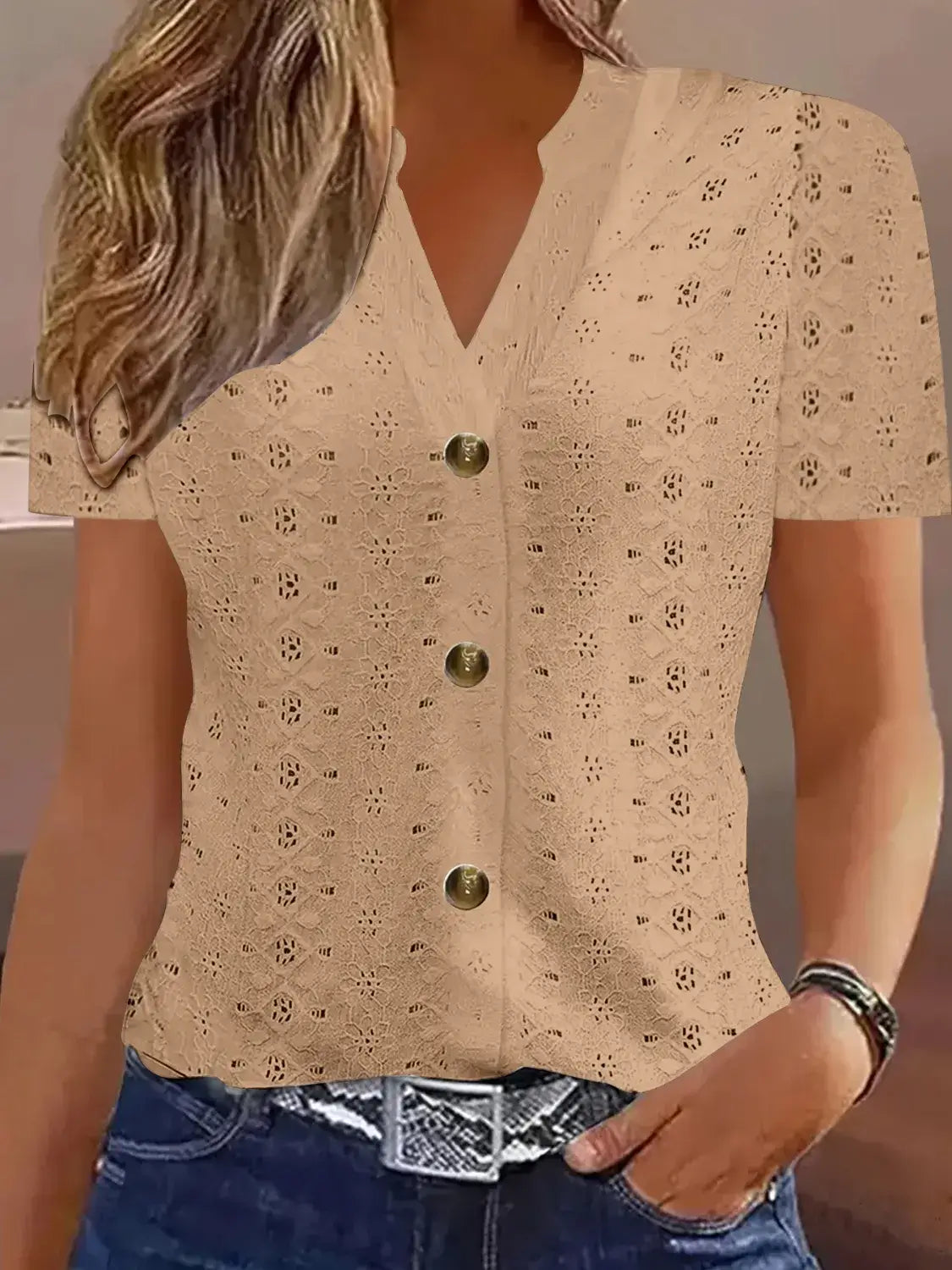 Openwork Notched Short Sleeve Top - Clothes For Her Online Store