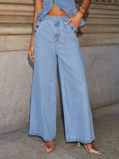 Button Decor High Rise Wide Leg Jeans - Clothes For Her Online Store