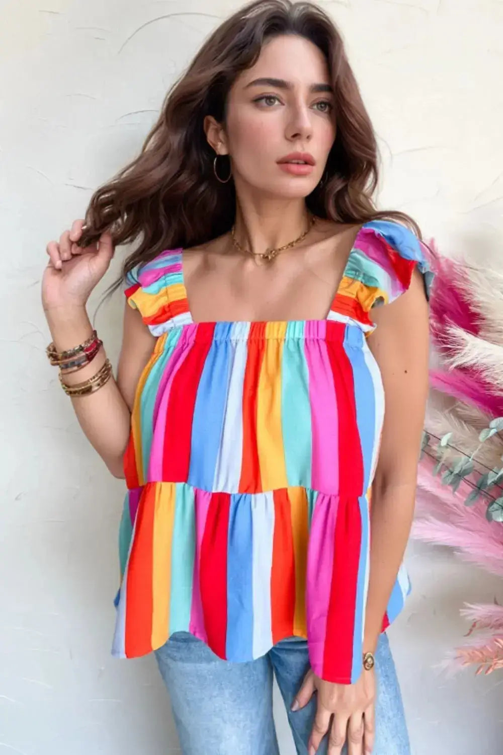 Stripe Ruffled Straps Babydoll Cami - Clothes For Her Online Store
