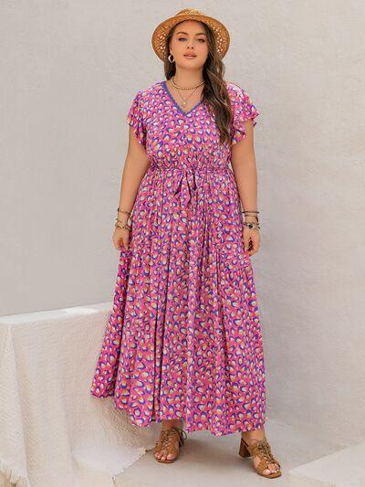 Plus Size Printed V-Neck Flutter Sleeve Tie Waist Maxi Dress