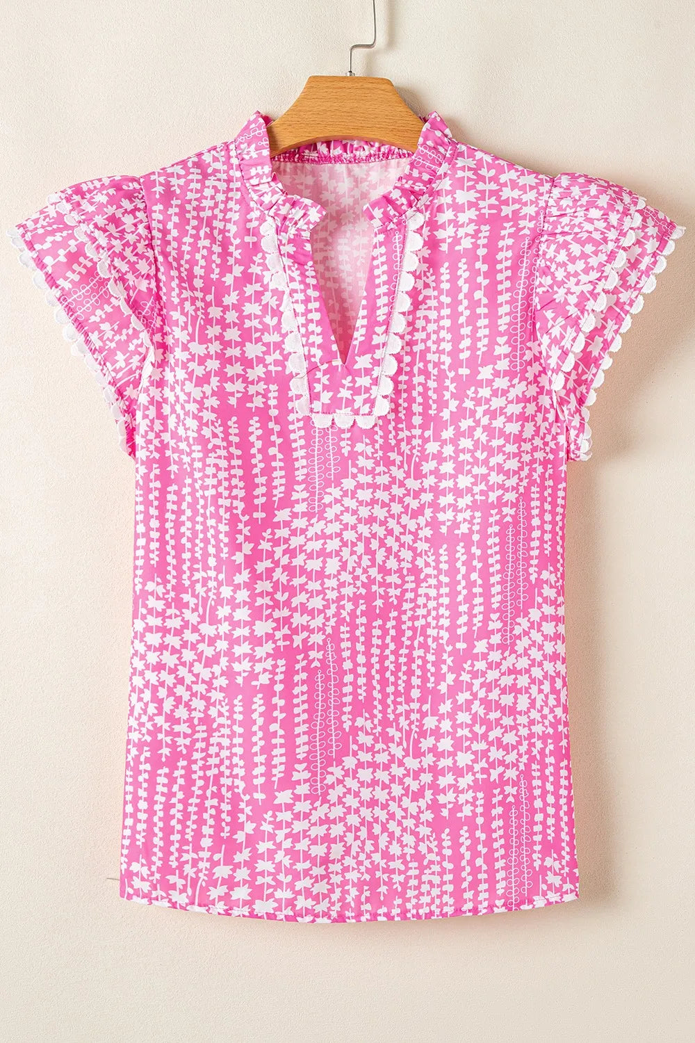 Abstract Print Ric Rac Trim Flutter Sleeve Notched Blouse