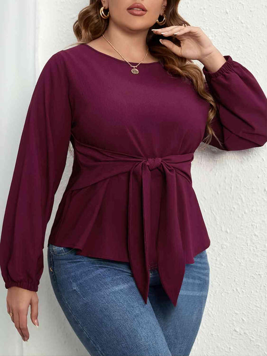 Plus Size Tie Front Long Sleeve Blouse - Clothes For Her Online Store