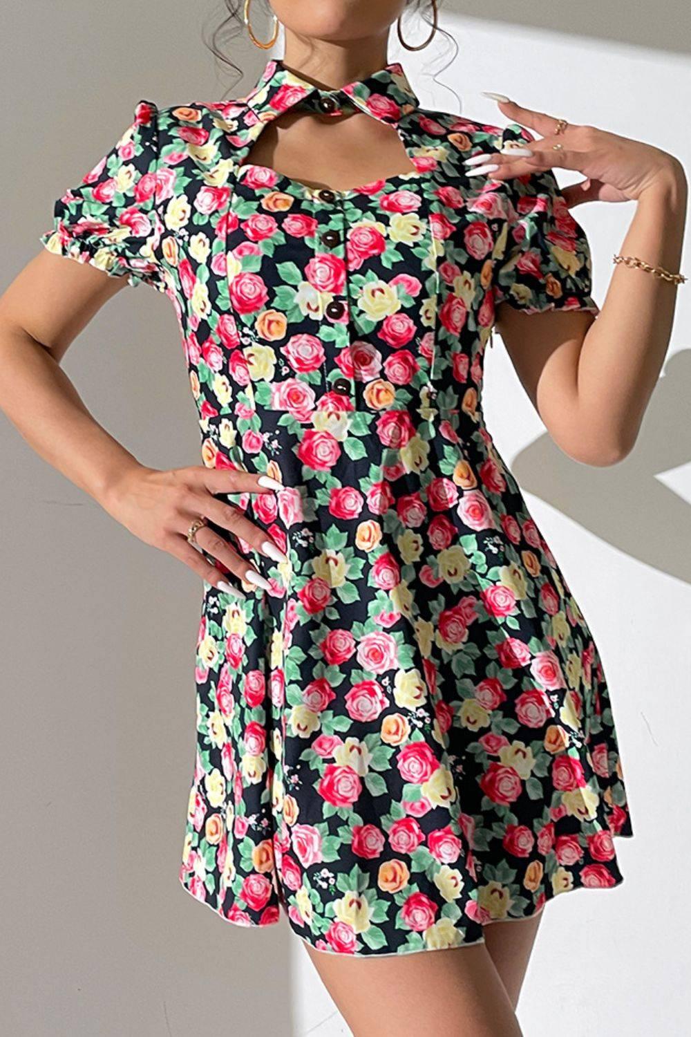 Shiny Floral Buttoned Cutout Puff Sleeve Dress