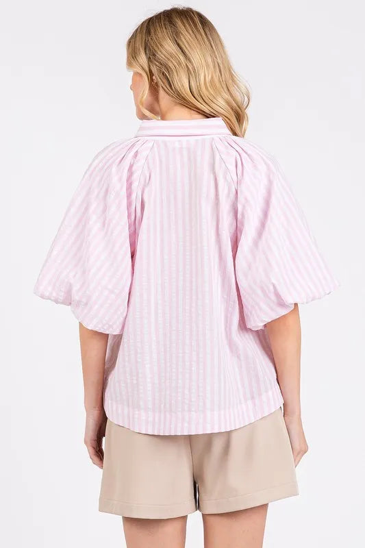 Mittoshop Button Down Striped Puff Sleeve Shirt