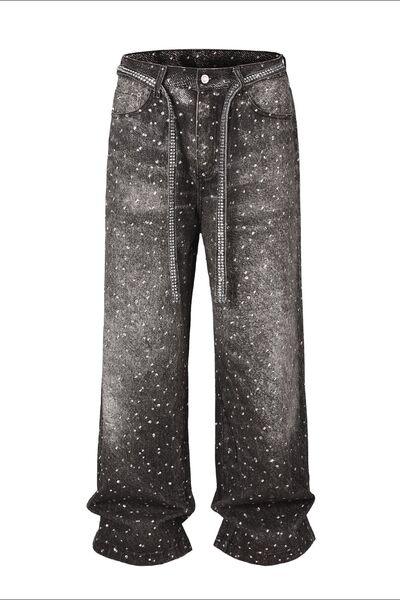 Men's Washed Rhinestone Jeans with Rhinestone Belt