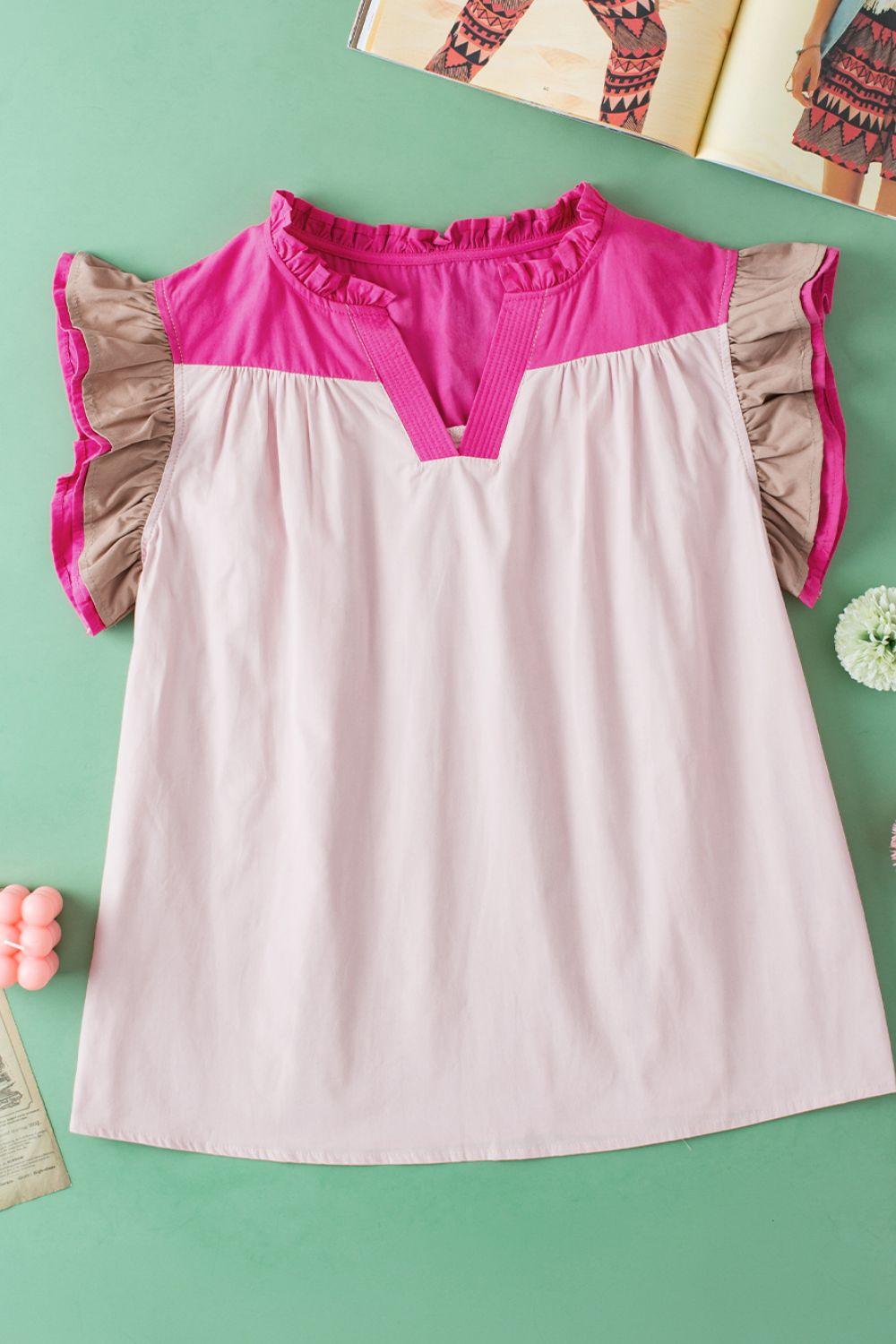 Color Block Notched Ruffled Cap Sleeve Blouse