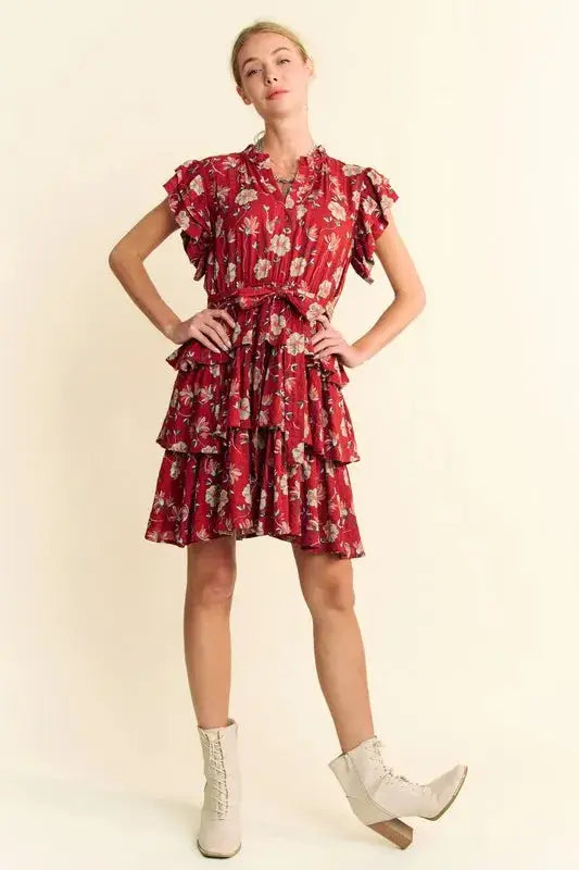 Davi & Dani Ruffle Flutter Sleeve Tie Belt Tiered Mini Dress - Clothes For Her Online Store