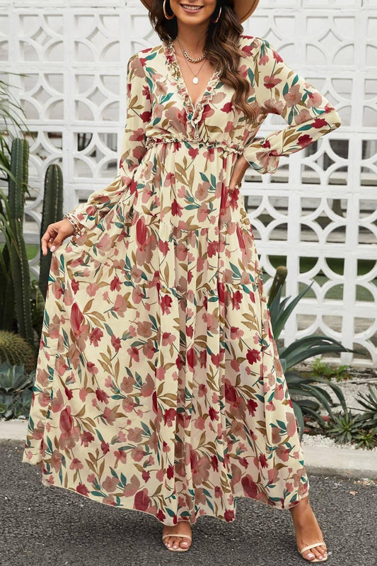 Floral Frill Trim Flounce Sleeve Plunge Maxi Dress - Clothes For Her Online Store