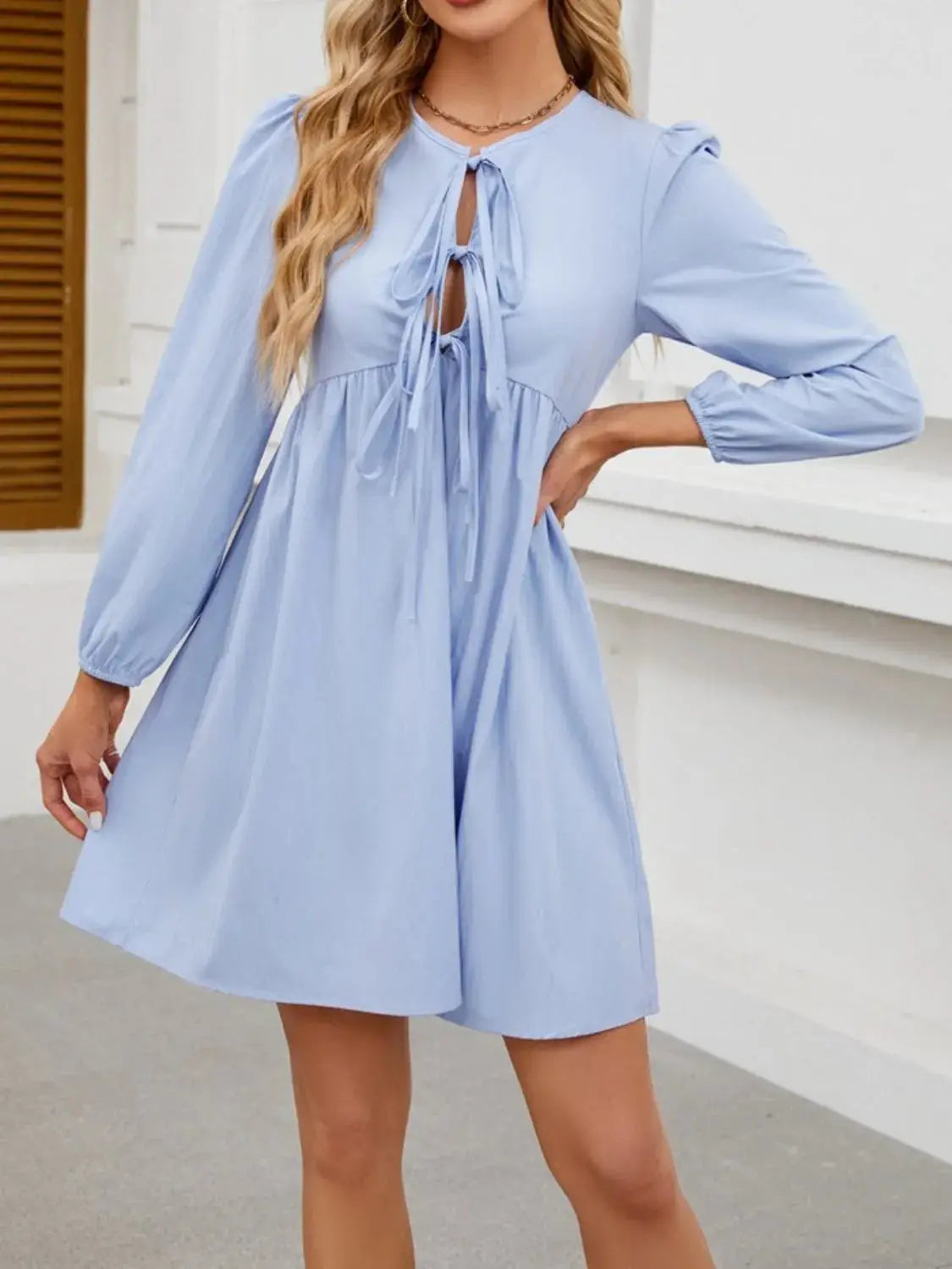 Tie Front Long Sleeve Mini Dress - Clothes For Her Online Store