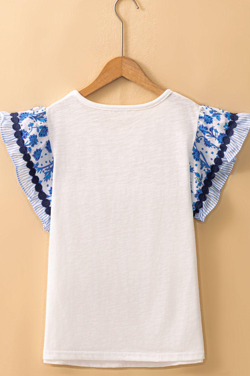 Round Neck Printed Ruffled Cap Sleeve Blouse