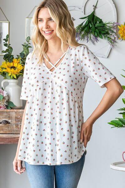 Heimish Full Size Crisscross Ditsy Floral Babydoll Top Plus Size