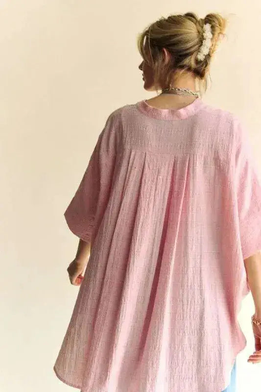 Davi & Dani Rhinestone Pleat Back Short Sleeve Loose Fit Shirt - Clothes For Her Online Store