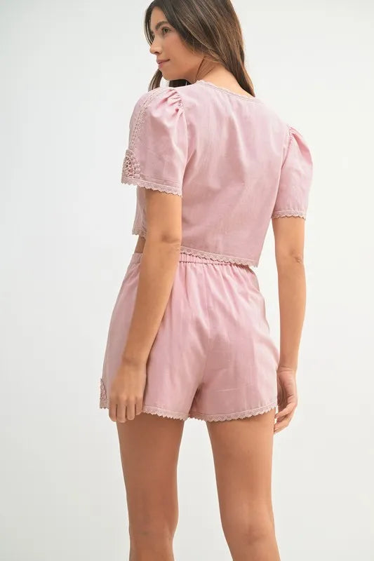 MABLE Crochet Lace Detail Crop Top and Shorts Set - Clothes For Her Online Store