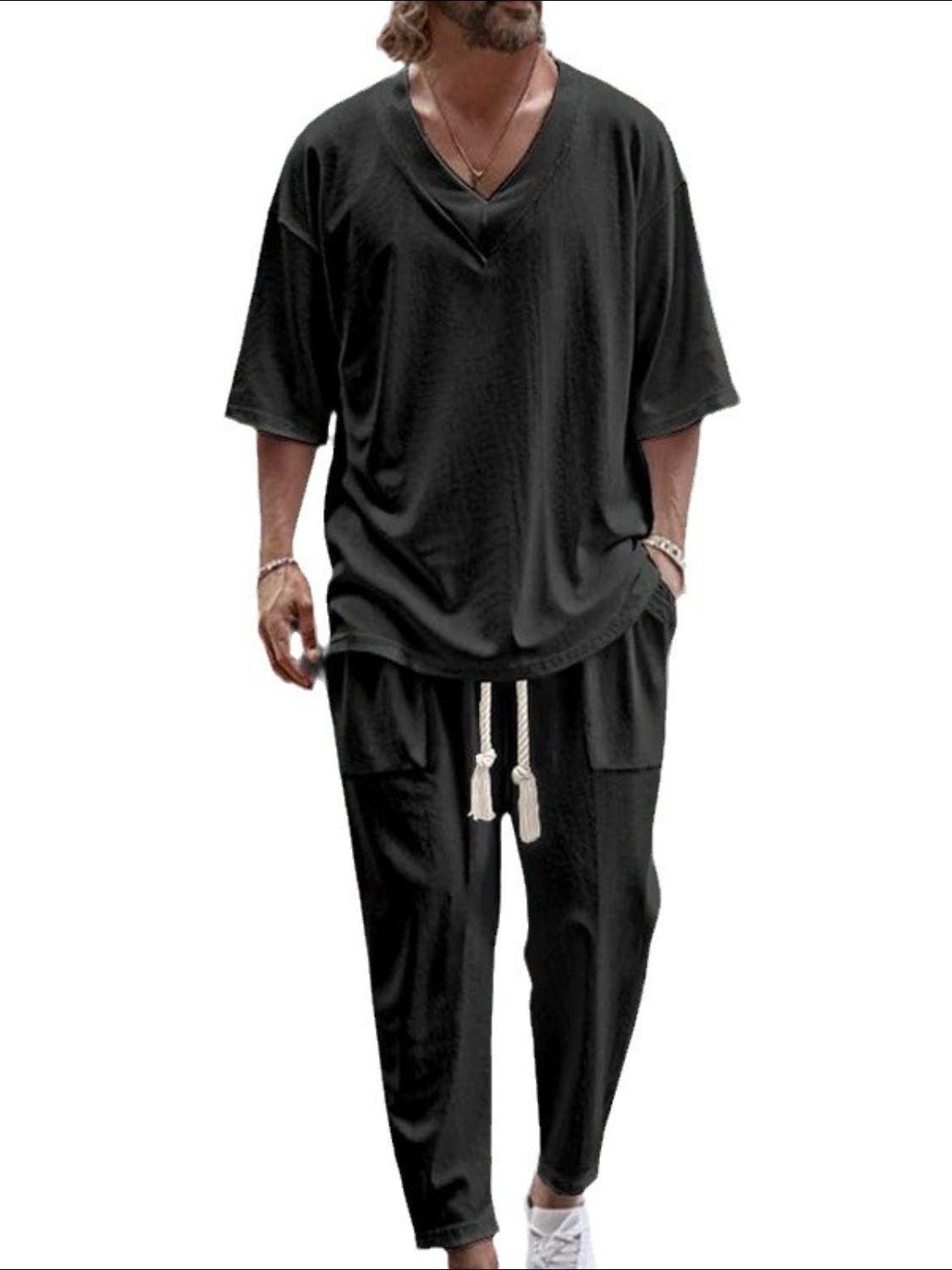 Men's Plus Size V-Neck Half Sleeve Top and Pants Set