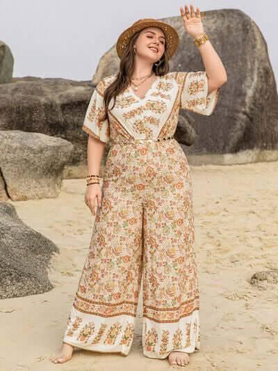 Plus Size V-Neck Flutter Sleeve Wide Leg Jumpsuit - Clothes For Her Online Store