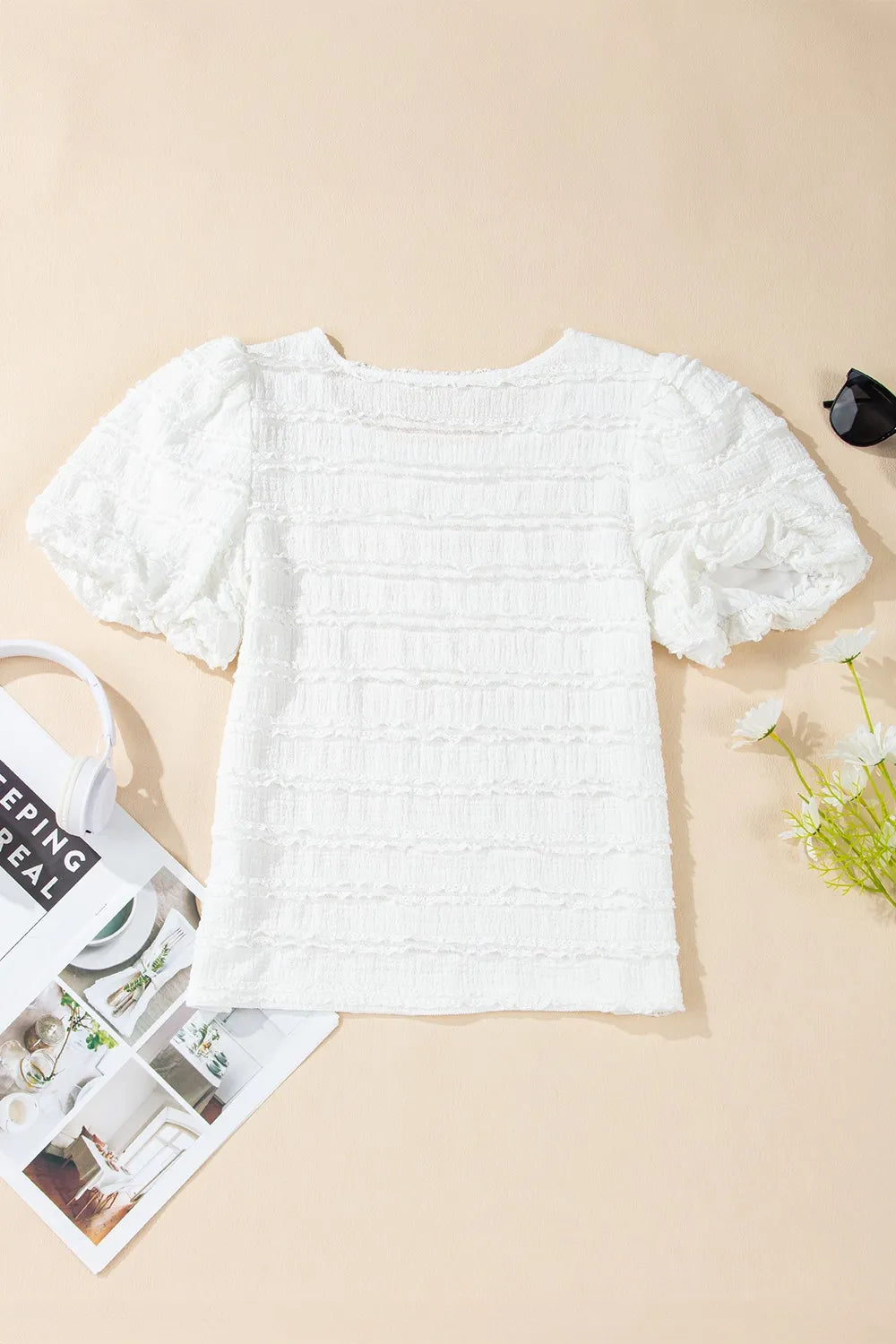 Frilled Lace Trim Bubble Sleeve Blouse