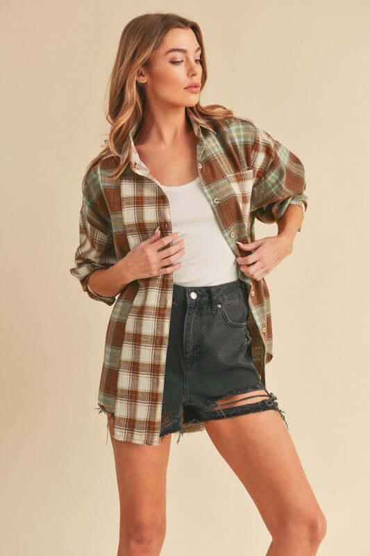 Aemi + Co Frayed Hem Plaid Button Up Flannel Shirt