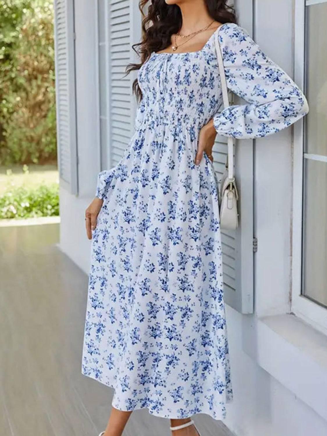 Slit Smocked Floral Square Neck Balloon Sleeve Midi Dress