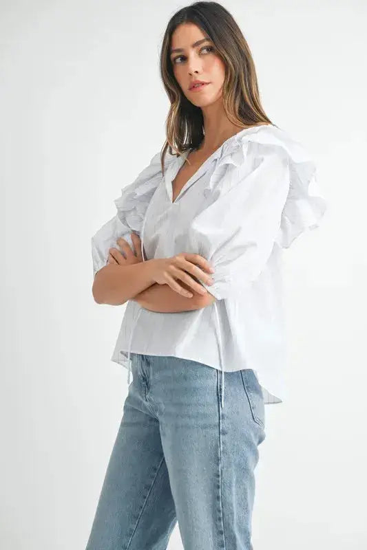 MABLE Stripe Ruffle Shoulder Puff Sleeve Blouse - Clothes For Her Online Store