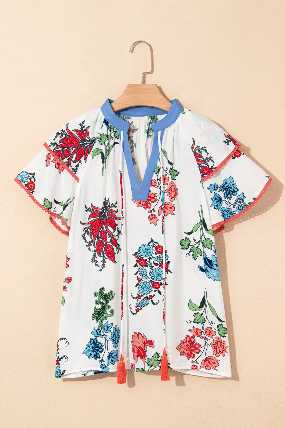 Floral Print Contrast Tassel Tie Short Sleeve Blouse