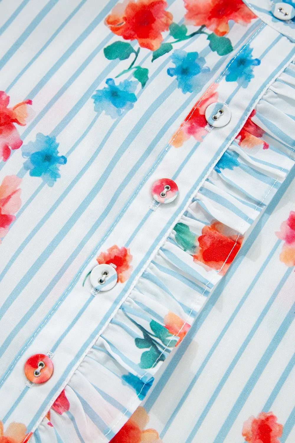 Stripe Floral Pattern Ruffle Short Sleeve Belted Mini Dress