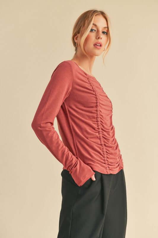 Aemi+Co Ruched Front Round Neck Long Sleeve T-Shirt