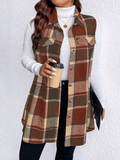 Honey Plus Size Pocketed Plaid Button Up Vest Coat - Clothes For Her Online Store