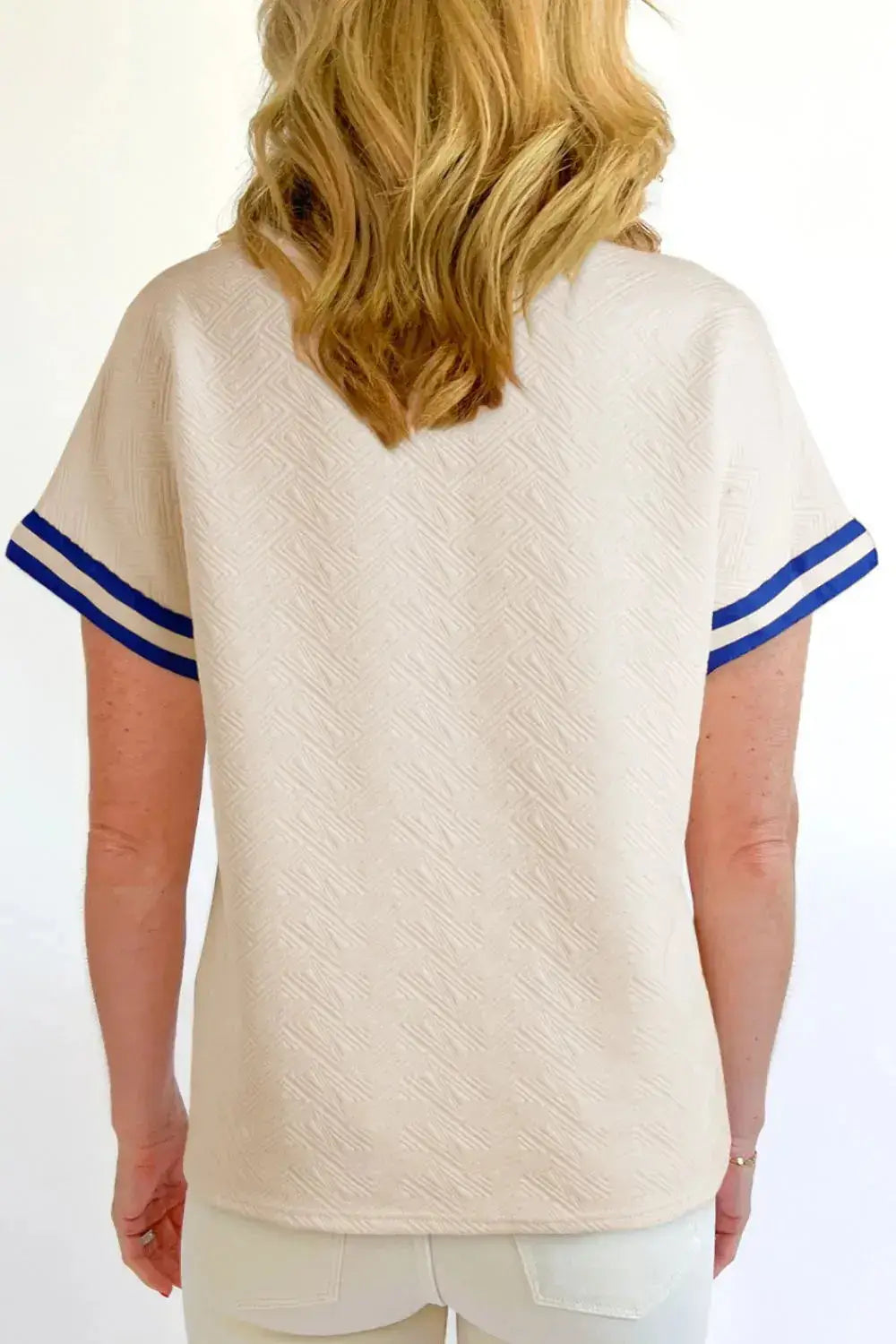 Striped Trim Textured Quarter Zipper Short Sleeve Top - Clothes For Her Online Store