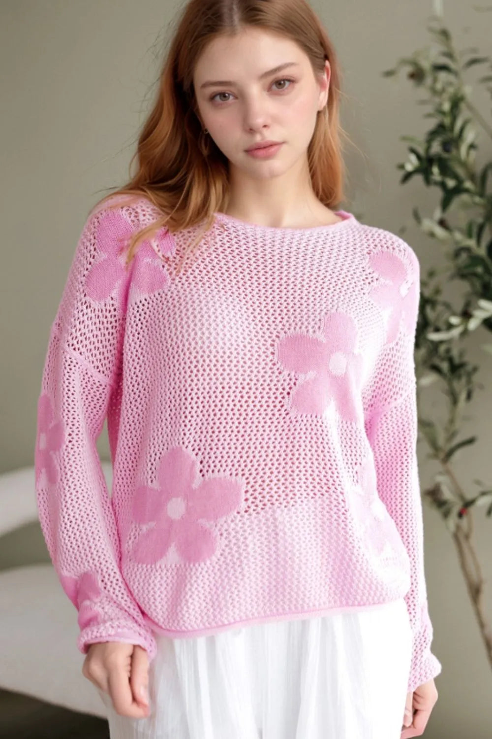Openwork Round Neck Floral Knit Cover Up
