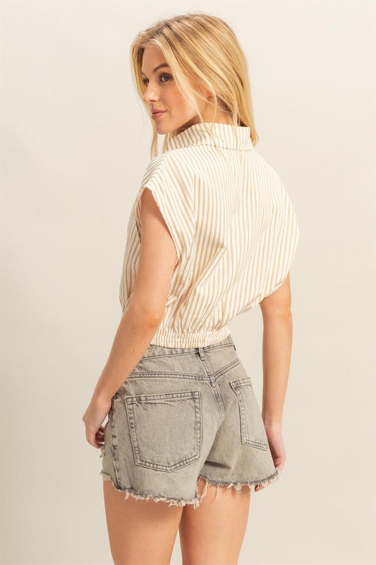 HYFVE Striped Elastic Hem Johnny Collar Cap Sleeve Blouse - Clothes For Her Online Store